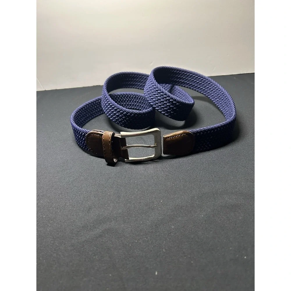MENS BRAIDED NAVY ELASTIC STRETCH BELT 1.25 WIDTH W/ SILVER BUCKLE SIZE 44 b6
